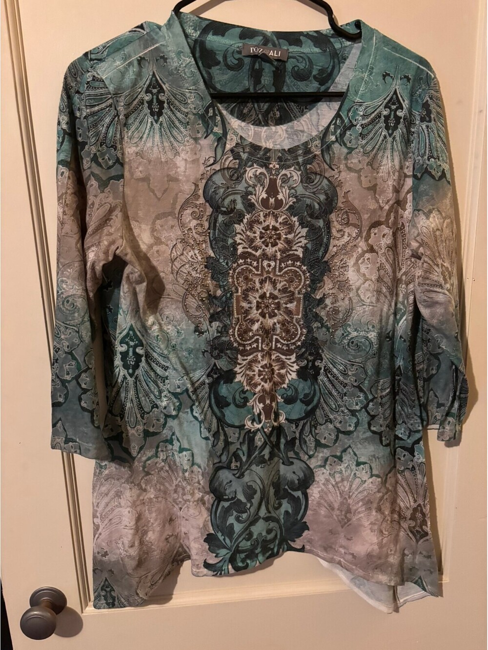Roz & Ali sheer teal paisley print blouse Large
